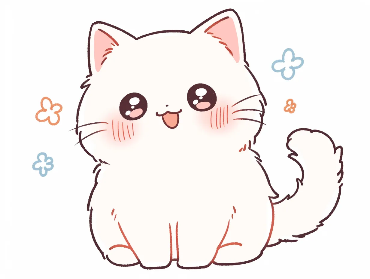 ゆるい白猫の座りポーズイラスト｜大きな瞳と丸い体型が特徴的に描かれた白猫が、かわいさを強調します。ゆるい白猫の表現は、癒しや安心をテーマにしたSNSや広告素材として適しています。