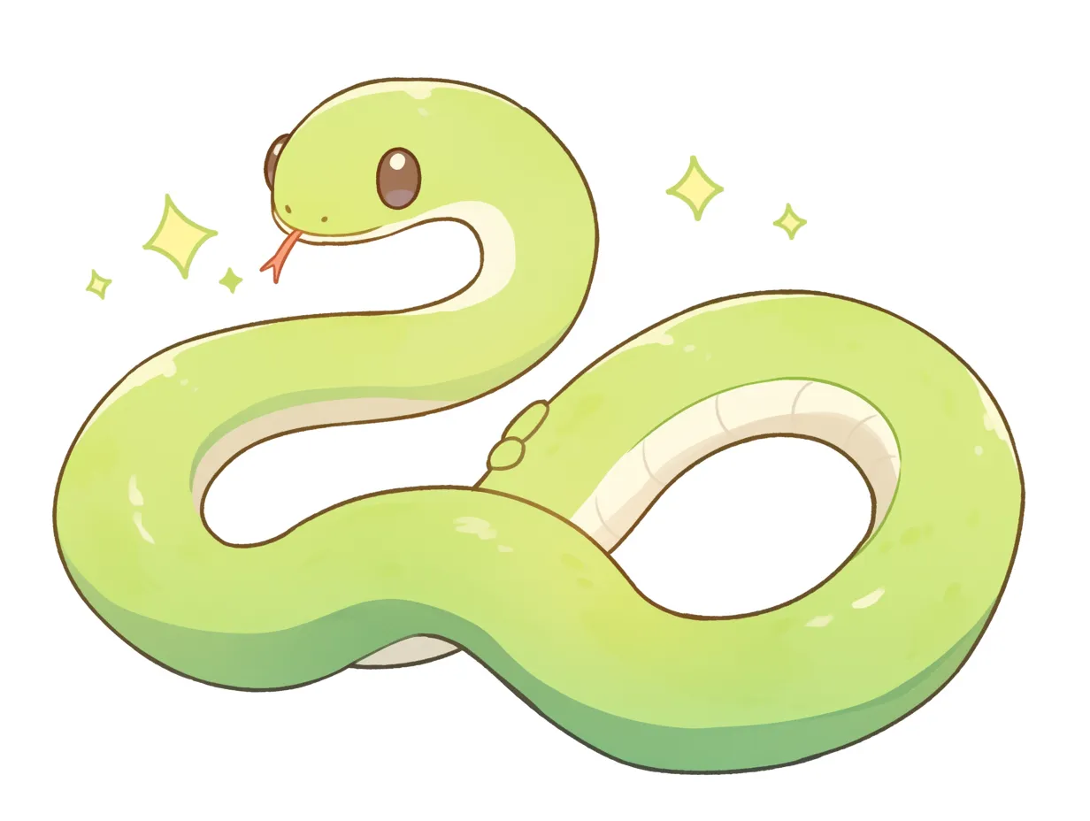 ゆるい蛇のグリーンイラスト｜鮮やかな緑で描かれた蛇が生き生きとした雰囲気を持っています。ゆるい蛇のキャラクター性は、環境や自然関連のビジネス素材として活用可能です。