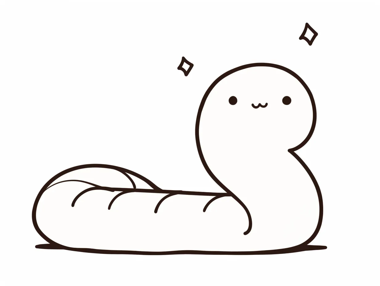 ゆるい蛇のおすわりイラスト｜丸みを帯びたシルエットで蛇が正面を向いて座る姿を描いています。ゆるい蛇の表現は、コミカルで可愛らしいイメージを強調するビジネス素材に最適です。