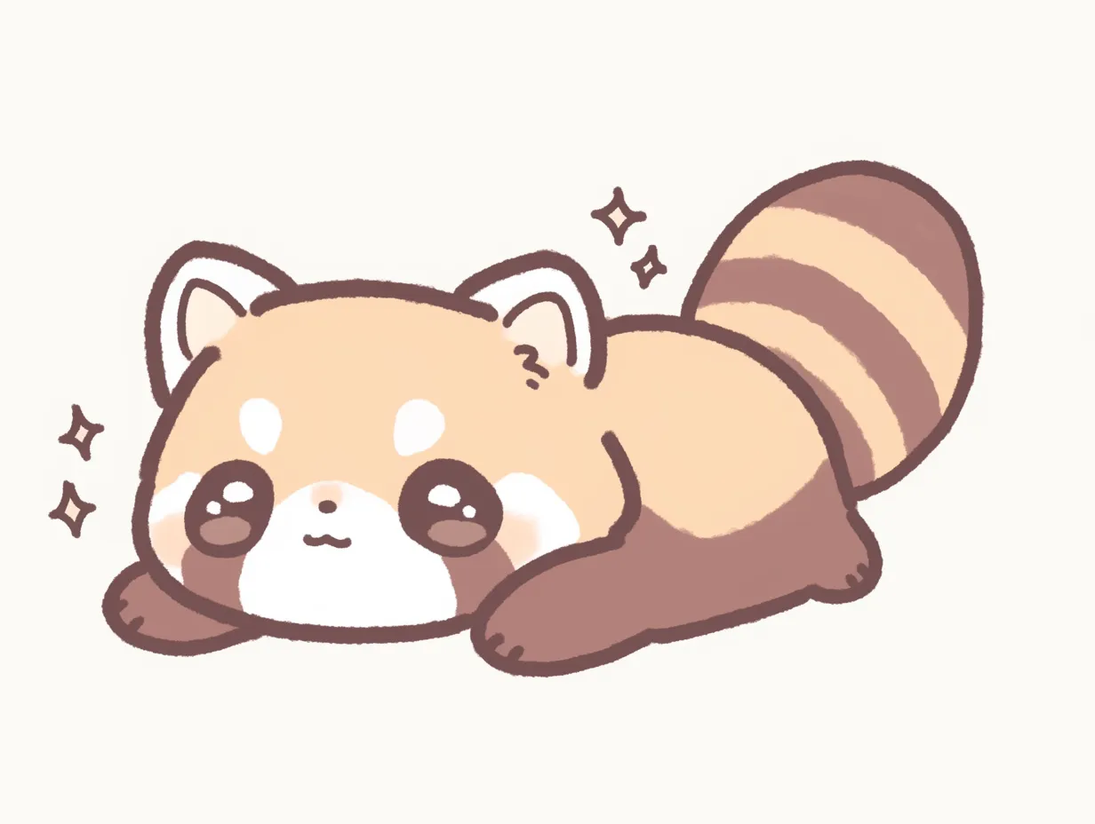 ゆるいレッサーパンダの伏せ姿｜大きな瞳でこちらを見つめながら伏せる姿がかわいらしく描かれています。ゆるいレッサーパンダの表現は、癒しや親しみを演出するSNSや広告素材に適しています。
