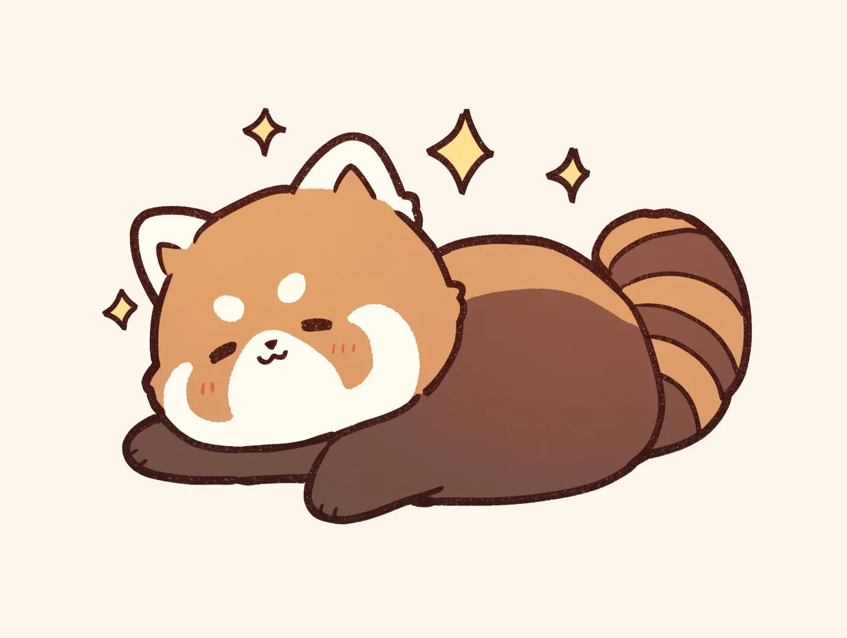 ゆるいレッサーパンダの休憩イラスト｜丸みを帯びたフォルムで寝そべる姿が優しく表現されています。ゆるいレッサーパンダの愛らしいタッチは、キャラクターグッズや販促ツールに向いています。
