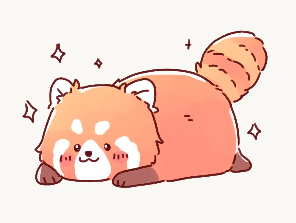 ゆるいレッサーパンダのほほえみイラスト｜にっこりした顔でくつろぐ姿が鮮やかな色合いで描かれています。ゆるいレッサーパンダは、イベントやプロモーションに活用できる親しみやすい素材です。