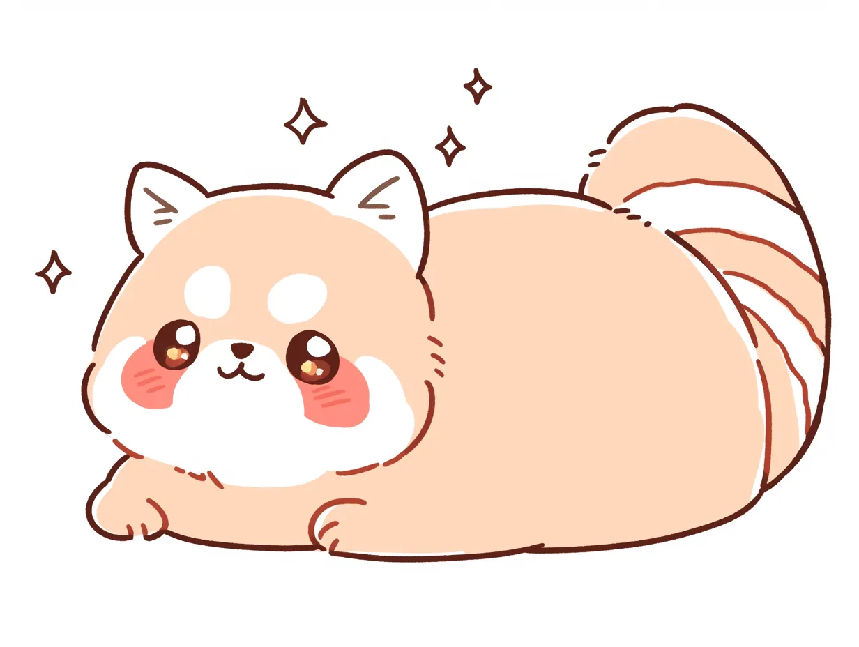 ゆるいレッサーパンダのお座りイラスト｜ふっくらした体型とつぶらな瞳が特徴的に描かれています。ゆるいレッサーパンダのシンプルで可愛いデザインは、教育用や広告媒体に活用可能です。