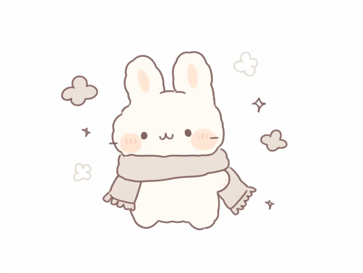 ゆるいかわいうさぎのマフラー姿｜マフラーを巻いたうさぎが立つイラストは、季節感を演出できます。ゆるいかわいい線と色合いは、冬のキャンペーンや温もりを伝えるビジネス用途に最適です。