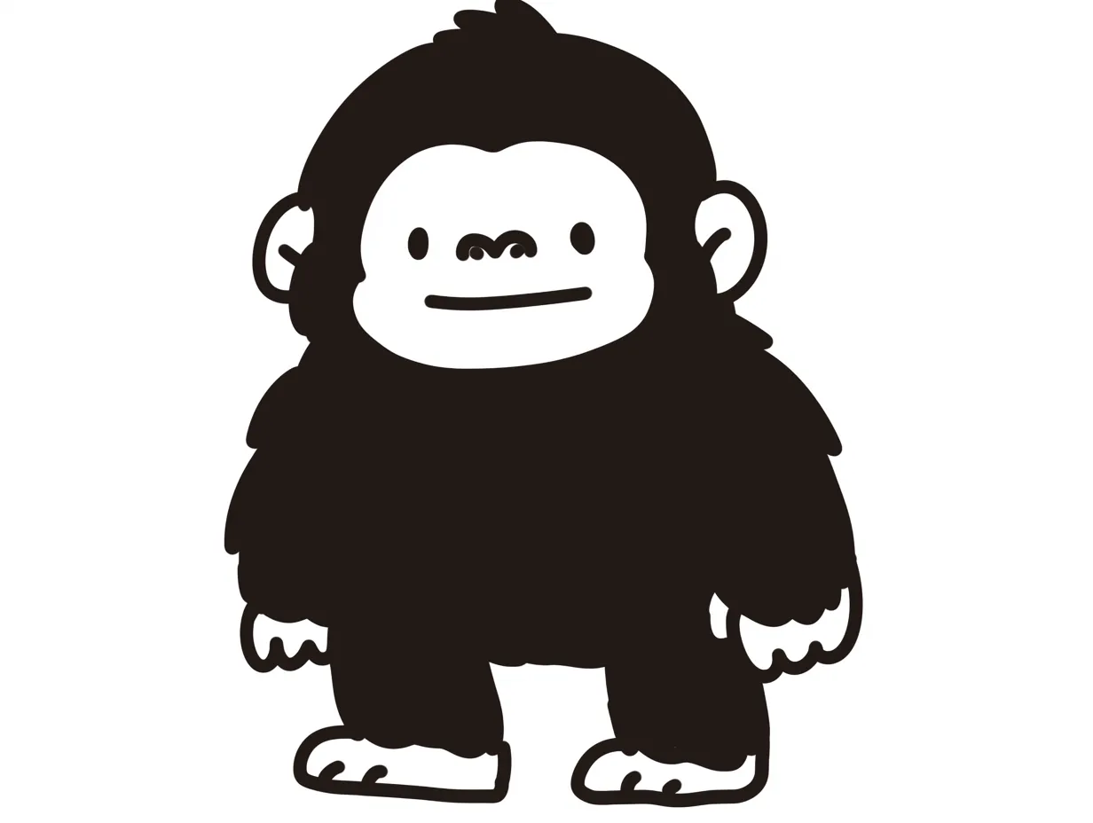 ゆるいゴリラのモノクロイラスト｜黒を基調としたゴリラの立ち姿がシンプルに描かれています。ゆるいゴリラのタッチは、インパクトのあるデザインやロゴ的素材として活用できます。