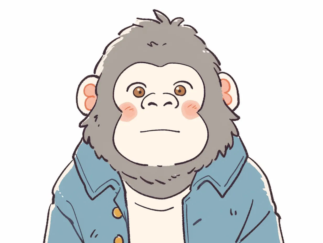 ゆるいゴリラのカジュアルイラスト｜ジャケットを着たユニークなゴリラの構図です。ゆるいゴリラの遊び心ある描写は、広告やSNSで印象を残すビジュアル素材に適しています。