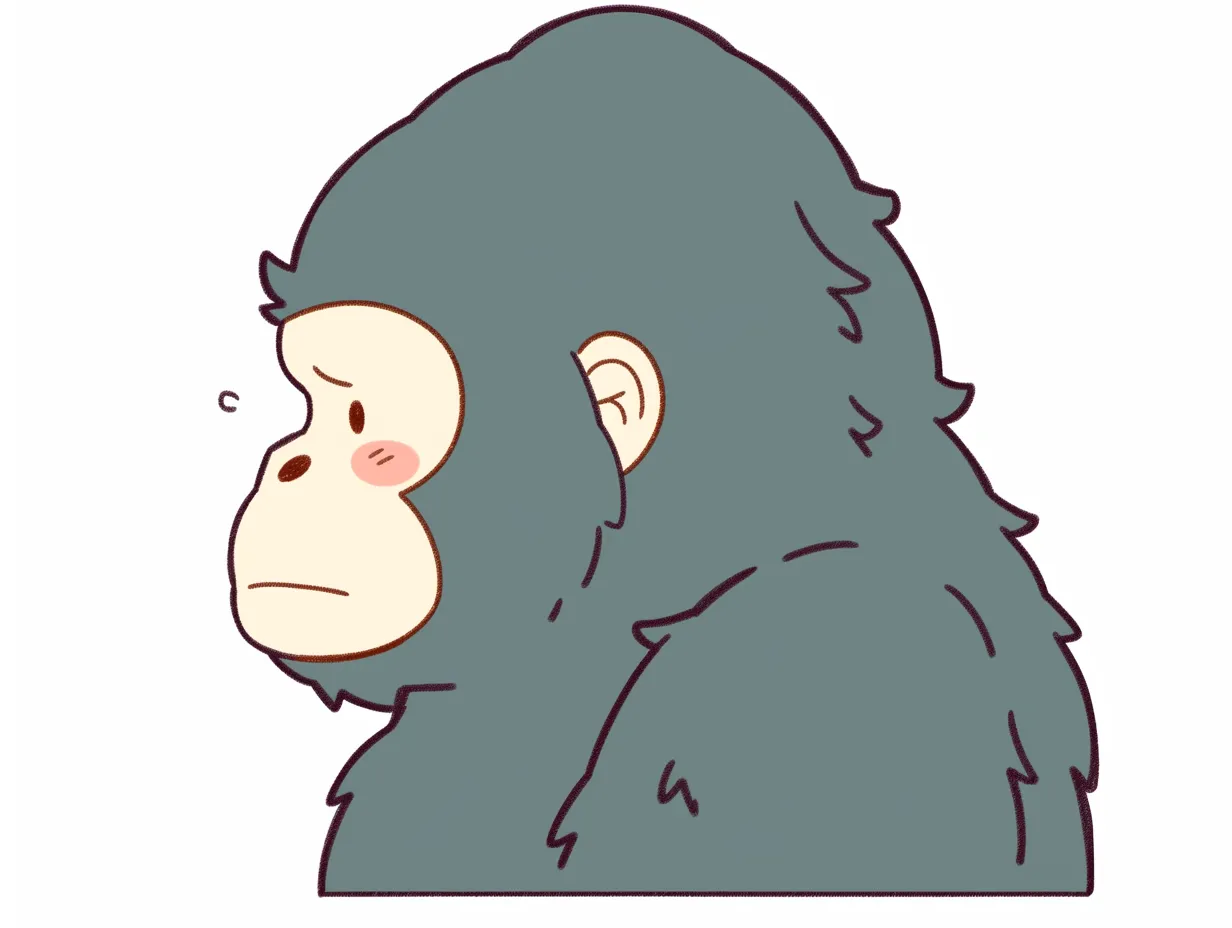 ゆるいゴリラの横顔イラスト｜淡い色調でゴリラの横顔を柔らかく描いています。ゆるいゴリラの落ち着いた雰囲気は、冊子や解説資料の挿絵として親しみを持たせます。