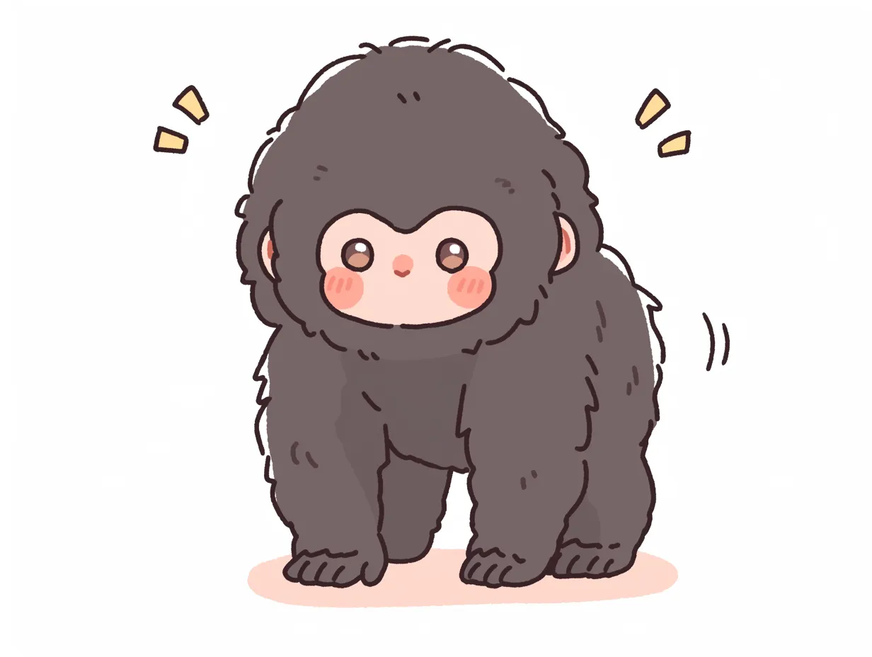 ゆるいゴリラのかわいい立ち姿｜頬を赤らめたゴリラが二足で立ち、柔らかいタッチで描かれています。ゆるいゴリラの愛らしさは、イベントビジュアルや子供向け素材に最適です。