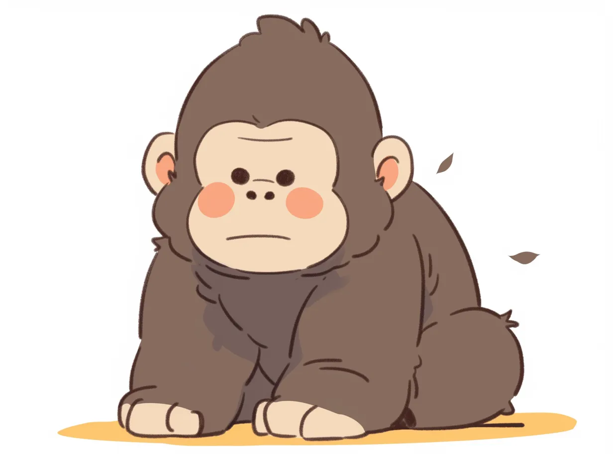 ゆるいゴリラの座り姿イラスト｜地面に座る落ち着いた雰囲気のゴリラが描かれています。ゆるいゴリラのデザインは、安心感や存在感を示す広告や教育資料に向いています。