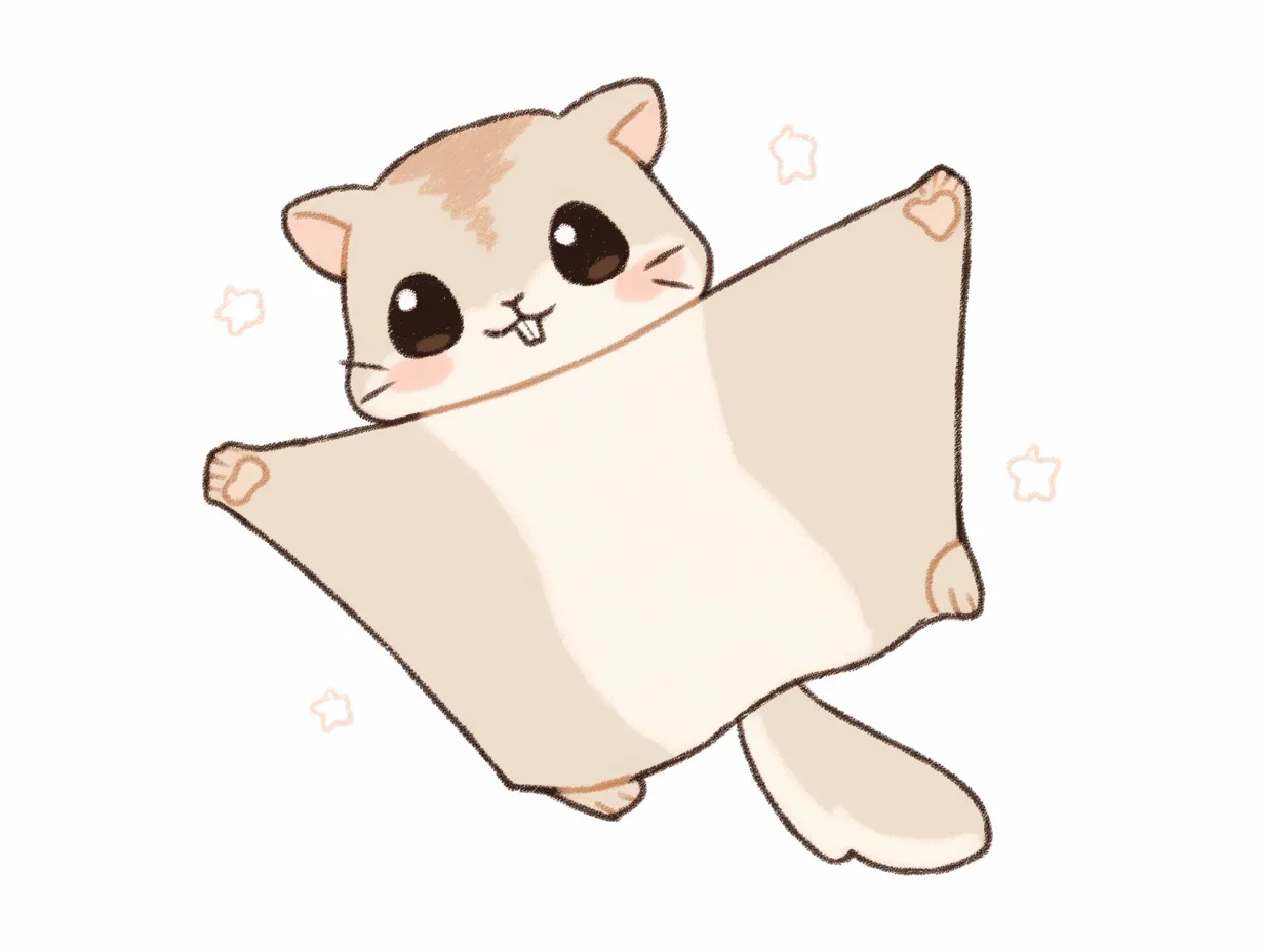 ゆるいモモンガの飛行イメージ｜広げた手足とふんわりした体で空を舞うような姿が描かれたゆるいモモンガ。優しい色使いと軽やかなタッチは、サービスや商品をポジティブに伝える素材として適しています。動きを感じさせるイラストが印象的です。