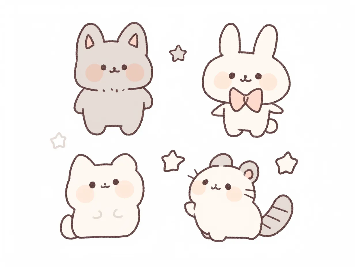 ゆるいかわいい動物キャラクター集合｜4匹の動物キャラクターが整然と並び、それぞれの個性を見せています。ゆるいかわいい表現がブランド用アイコンやチームワークを示すビジネス素材として役立ちます。