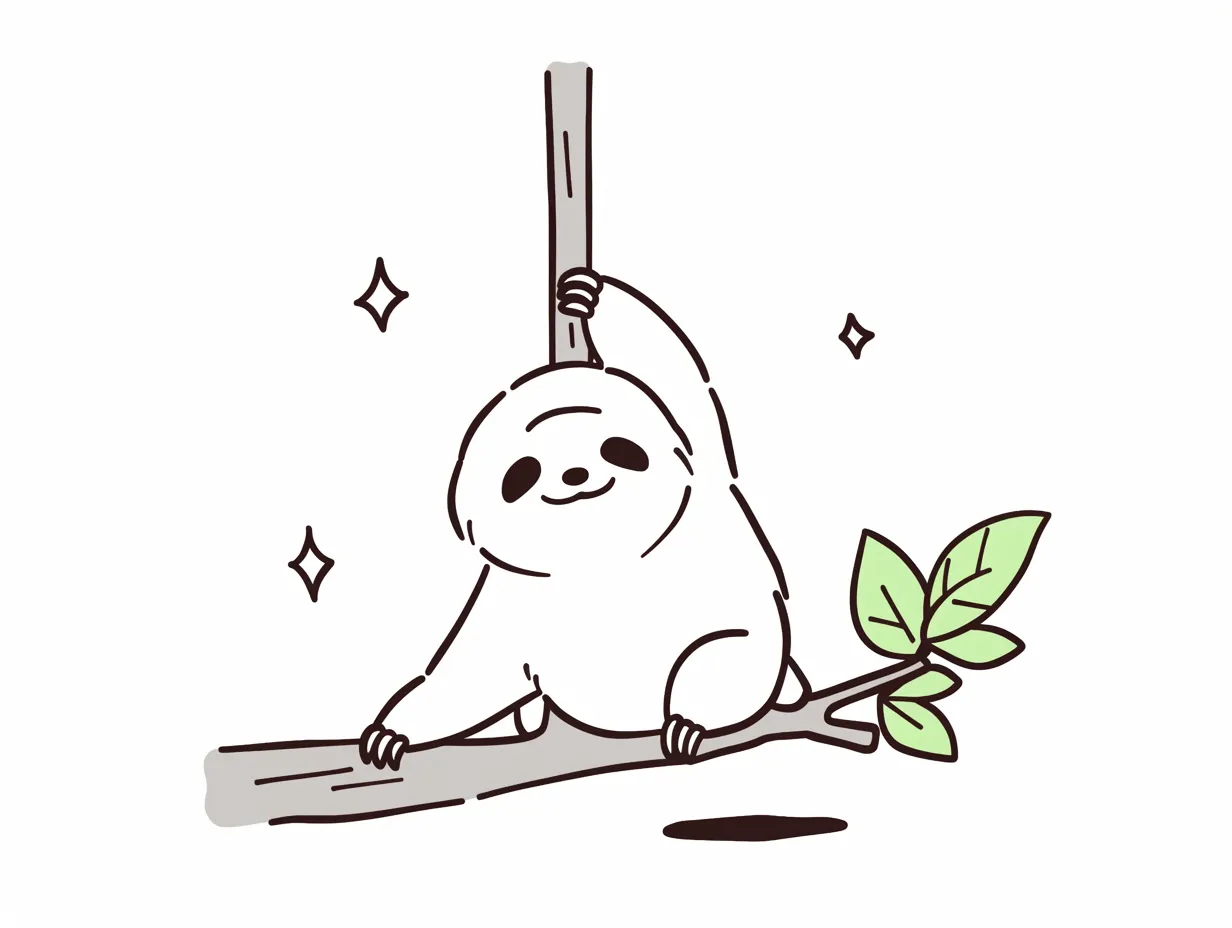 ゆるいナマケモノの木にぶら下がる姿｜枝にのんびりとぶら下がるゆるいナマケモノのイラストです。柔らかな線と余白を活かした描写で、安心感や癒やしの雰囲気を表現しています。ビジネス素材として和らいだ印象を伝える場面に活用できます。
