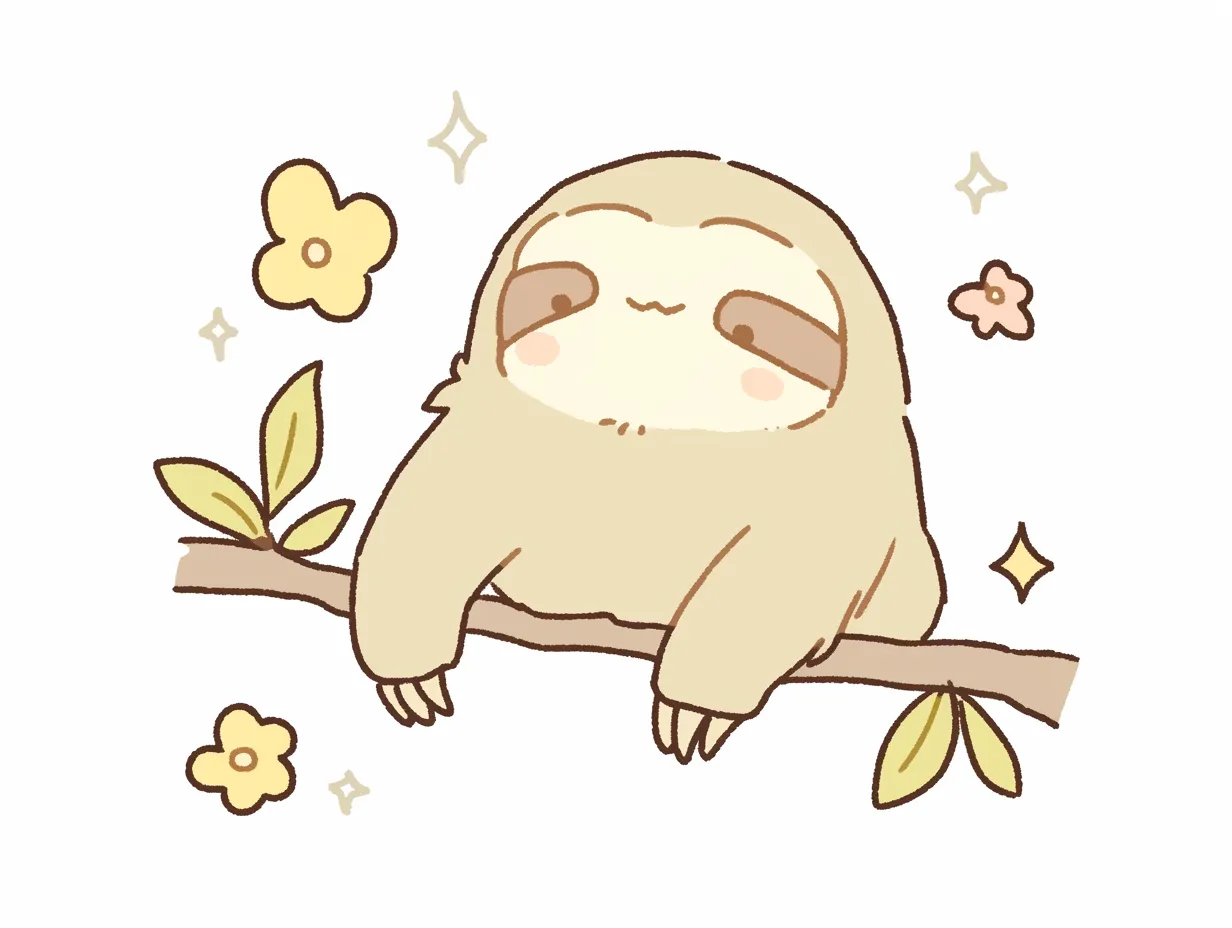 ゆるいナマケモノの花と一緒の姿｜花に囲まれて木に寄りかかるゆるいナマケモノのイラストです。淡い色調と丸みを帯びた形が特徴で、リラックス感や優しい印象を伝えます。資料や広告に癒やし要素を加える素材として便利です。