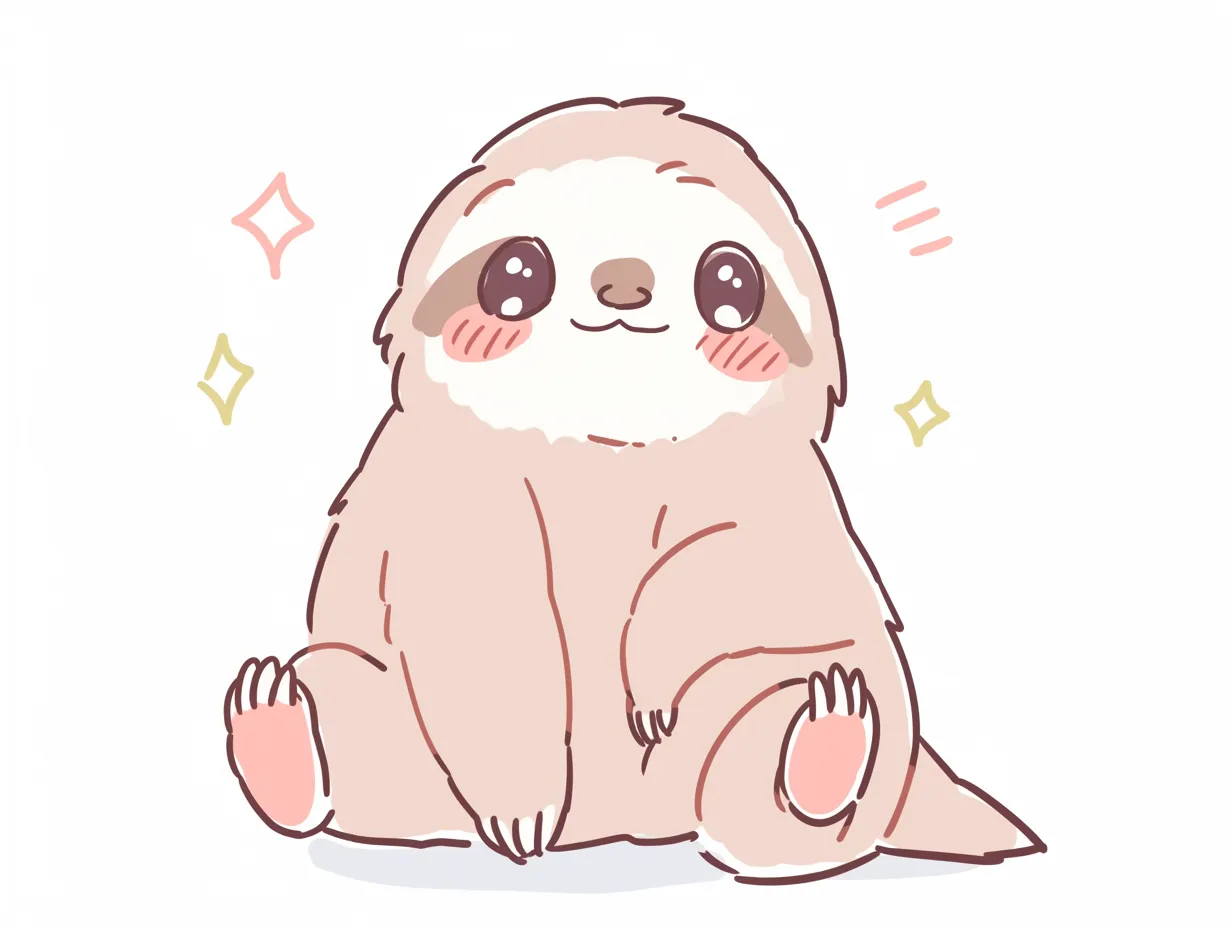 ゆるいナマケモノの座った姿｜地面に座り込むかわいらしいゆるいナマケモノのイラストです。やわらかな配色と大きな目の表情が親近感を演出し、ポジティブで優しい印象を与えます。緊張を和らげたい資料などに適した素材です。