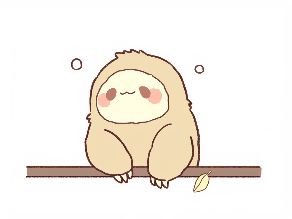 ゆるいナマケモノの休憩する姿｜枝に乗って目を閉じたゆるいナマケモノのイラストです。丸みを帯びたデザインと淡色の配色が、シンプルながらも温かみを持たせています。穏やかさを強調したいビジネスシーンに活用できます。