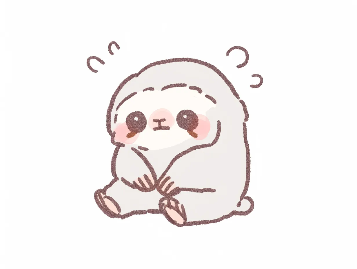 ゆるいナマケモノの小さな座り姿｜小さく丸まった姿で座るゆるいナマケモノのイラストです。淡いトーンと小さな手足の表現が愛らしく、控えめながら印象的な雰囲気を演出しています。柔らかな印象を伝える資料に適しています。