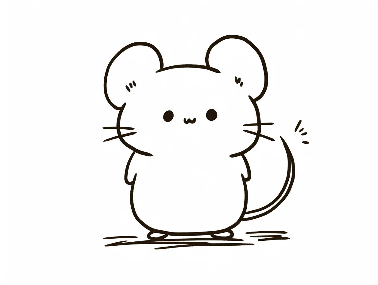 ゆるいネズミのシンプル線画素材｜手書き風のゆるさが特徴的なイラストで、線を最小限に抑えたシンプルな造形です。親しみやすく柔らかな雰囲気があり、ビジネスシーンにおいても汎用的に利用できるゆるいネズミの素材です。