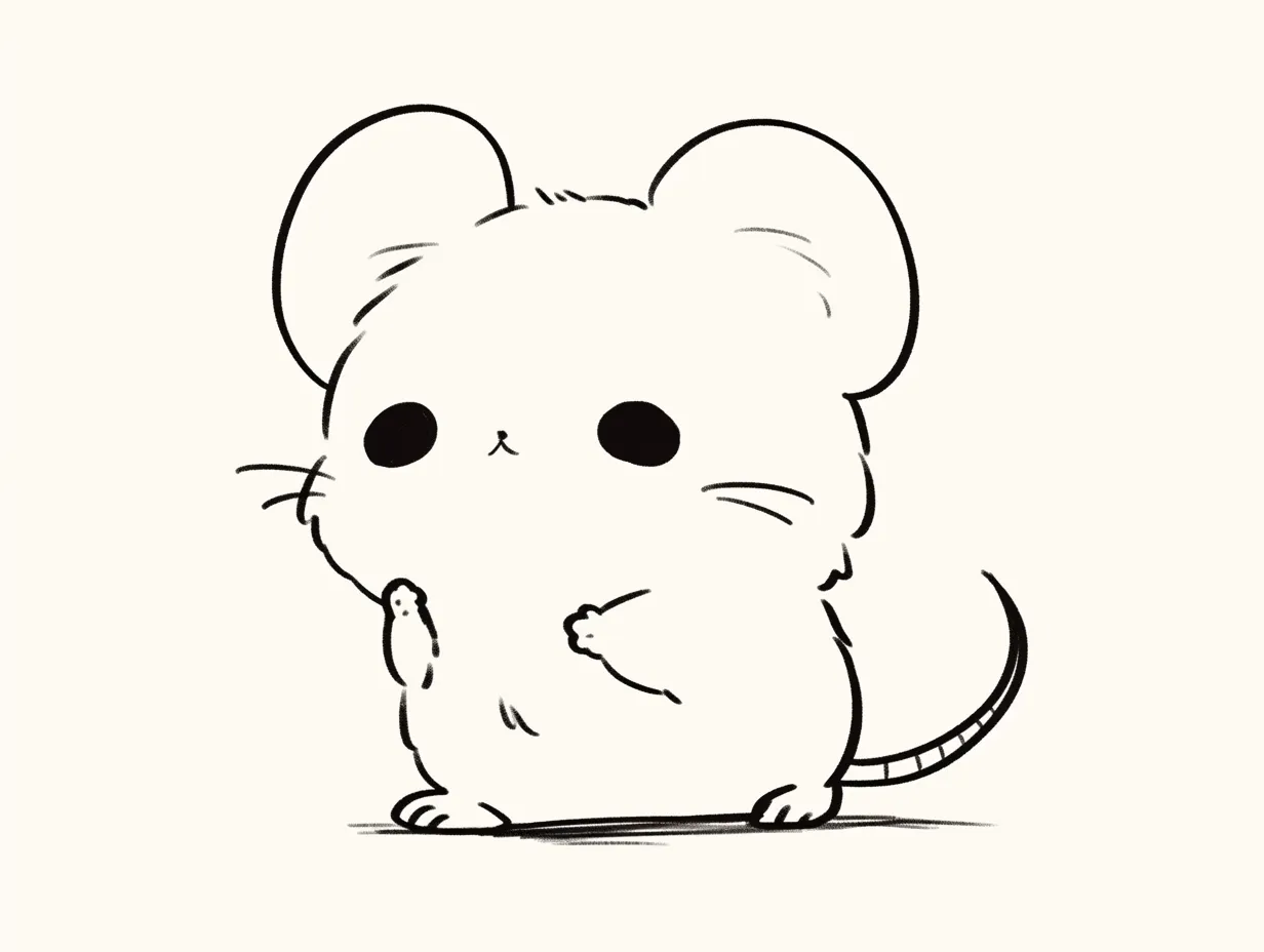 ゆるいネズミのかわいい立ちポーズ｜ふんわりとした輪郭と大きな瞳が特徴のデザインで、ゆるさを残しつつ表情豊かに描かれています。可愛らしい雰囲気は広告やSNS素材に適し、特にゆるいネズミの親近感を強調しています。