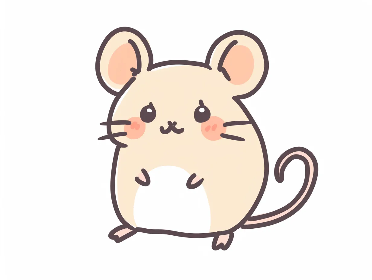 ゆるいネズミの丸っこいキャラ風｜丸みを活かしたデフォルメスタイルで、頬の赤みがアクセントになっています。ゆるいネズミの素朴で楽しい雰囲気が感じられ、企画書やプレゼンのアイキャッチ素材として有効です。