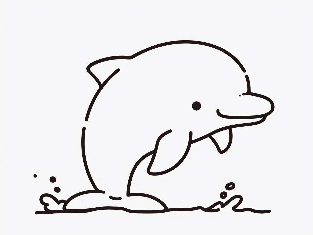 ゆるいイルカのジャンプ姿｜水しぶきを伴った動きのある線画で、アクティブさを表現しています。ゆるいイルカの元気な印象を簡潔に描き、プレゼンや広告で活発なイメージを伝える素材として適しています。