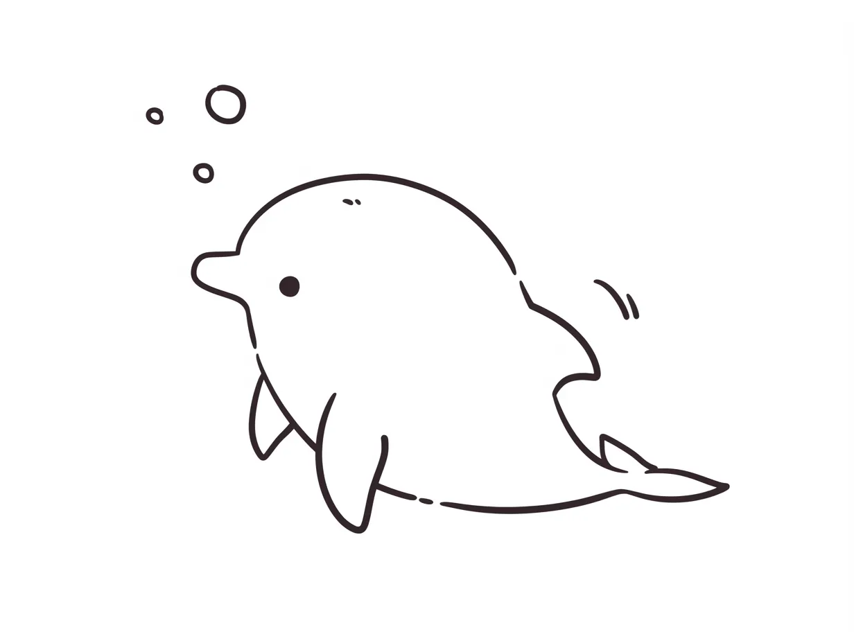 ゆるいイルカの泳ぐイラスト｜泡とシンプルな線が組み合わさり、水中を泳ぐ姿が柔らかく描写されています。ゆるいイルカの穏やかさが前面に出ており、ビジネスシーンで安心感を与えるビジュアルに活用可能です。