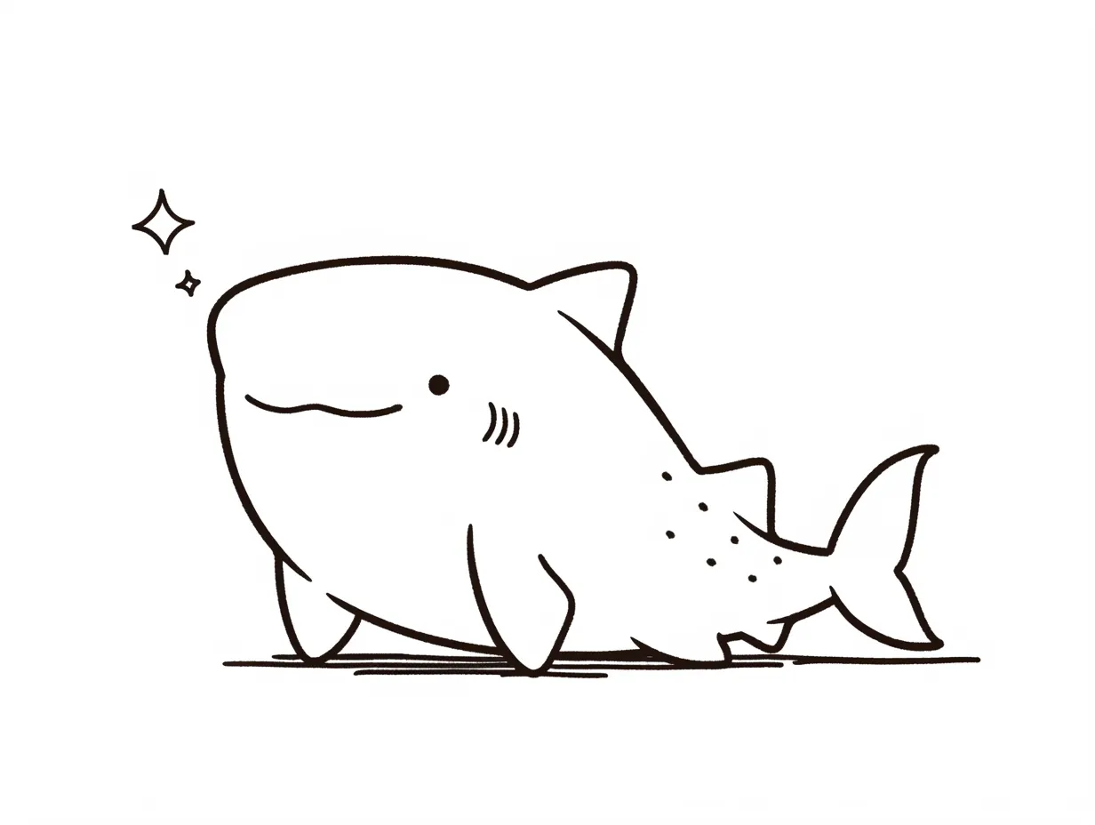ゆるいジンベイザメのシンプル線画｜最小限の線で描かれたシンプルな構成が特徴で、ゆるさと可愛らしさが強調されています。ゆるいジンベイザメの柔らかな雰囲気は、ビジネス資料やプレゼンの軽快な挿絵として効果的です。