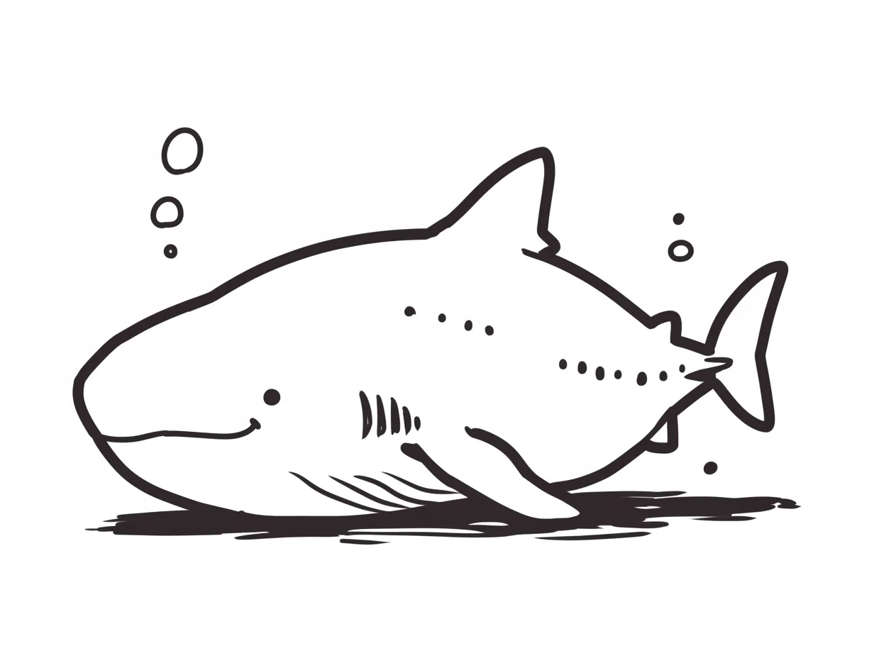 ゆるいジンベイザメの泳ぐ姿｜横向きで描かれたデザインは動きが感じられ、水中らしい泡の描写が添えられています。ゆるいジンベイザメの穏やかな印象は、広告や社内資料で安心感を伝える表現に適しています。