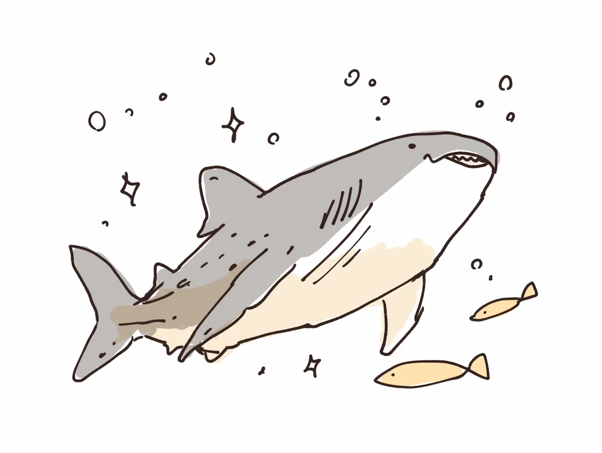 ゆるいジンベイザメの爽やかタッチ｜背景に小魚や水泡が加わり、水中の広がりが表現されています。ゆるいジンベイザメの落ち着いた印象は、広告や説明資料で視覚的に安心感を添える素材になります。