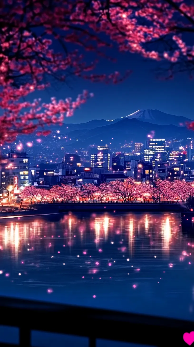 大人かっこいい壁紙・夜桜煌めく街の夜景｜桜の花が舞い散る美しい夜景を収めた幻想的な壁紙。奥には壮麗な山々がそびえ、煌びやかな街の明かりと桜のピンクが対照的な美しさを生み出しています。洗練された夜の風景が、大人かっこいい壁紙としてスマホに上品な雰囲気をもたらします。
