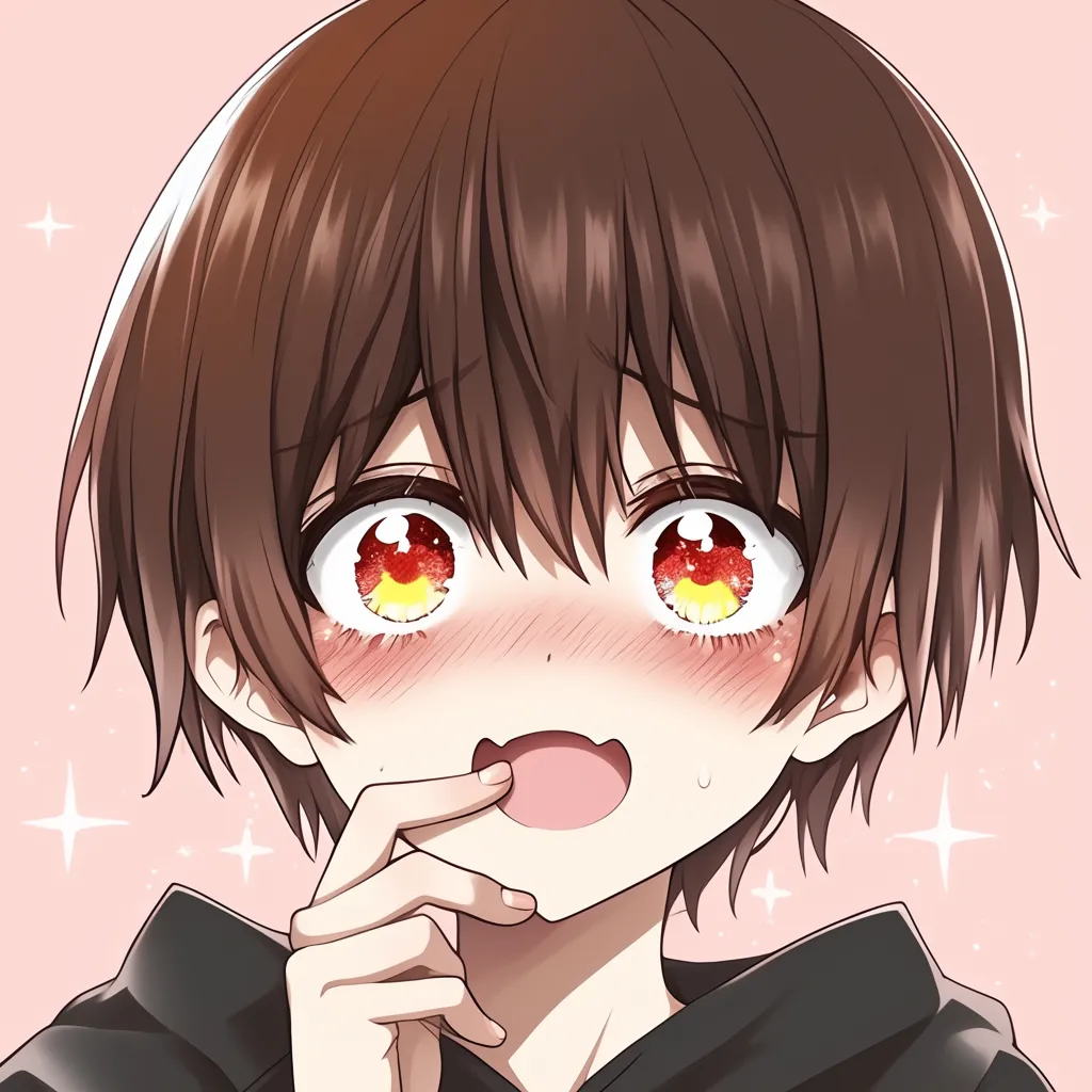 瞳が輝く少年 アニメアイコン｜瞳の中に炎のような輝きを宿したアニメアイコンです。驚きと興奮が入り混じる表情が可愛らしく、エネルギッシュな印象を与えます。柔らかなピンクの背景が、キャラクターの明るい雰囲気をさらに引き立てています。