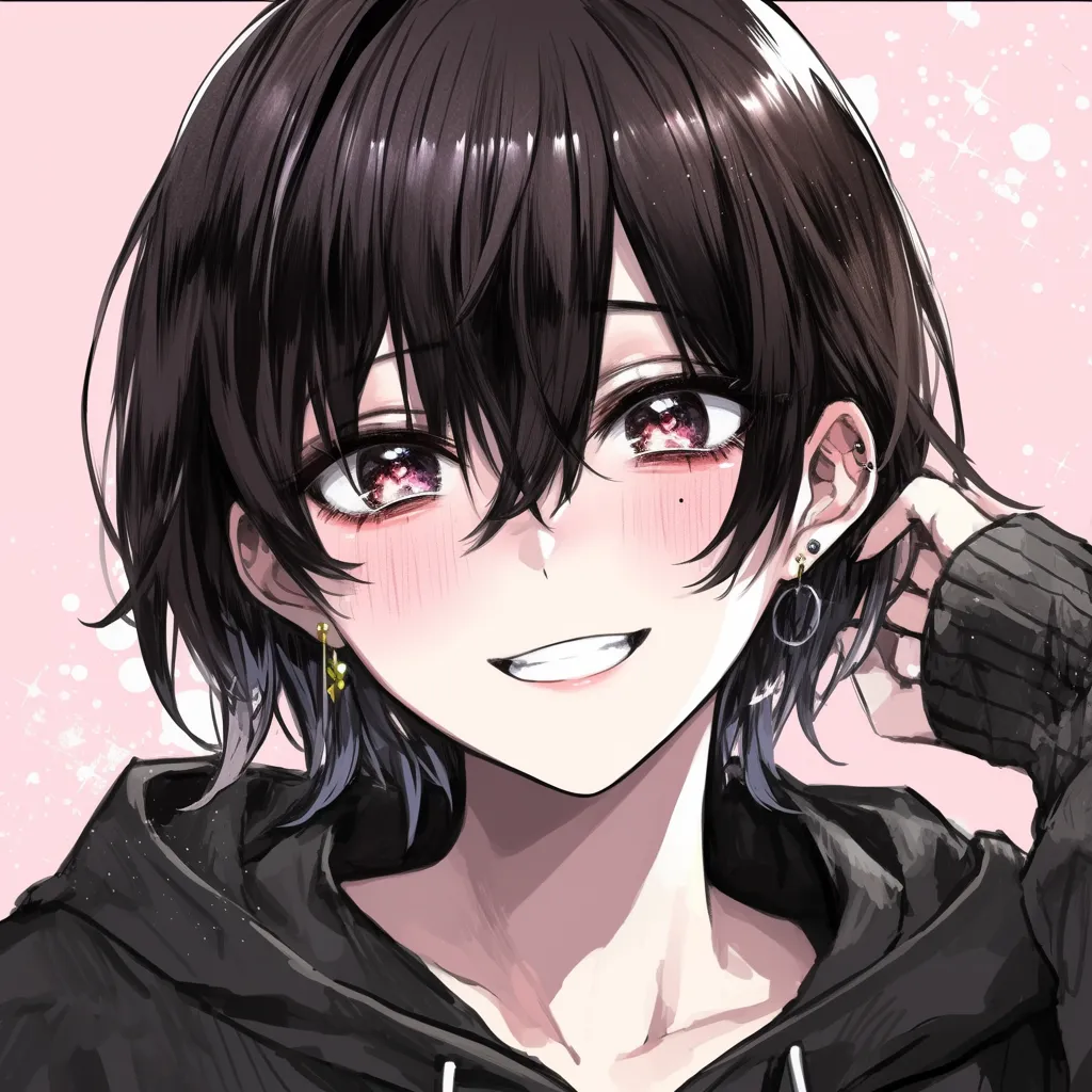 優しげな眼差しの少女 アニメアイコン｜深い赤の瞳とナチュラルな微笑みが印象的なアニメアイコンです。黒いパーカーとゆるい髪型がカジュアルな雰囲気を演出し、背景の淡いピンクが優しさを引き立てています。落ち着いた印象のアイコンとして最適です。