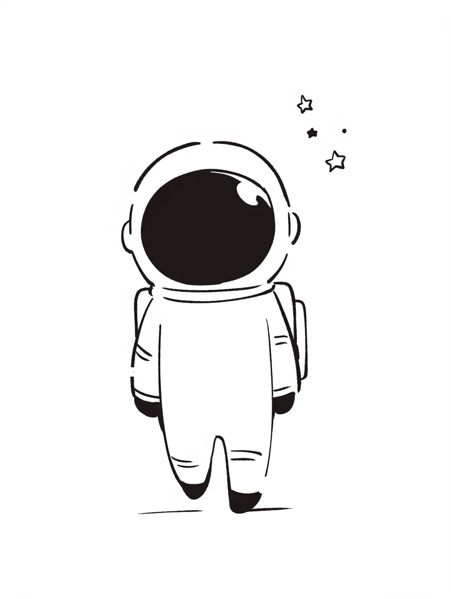 宇宙飛行士の孤独な旅｜宇宙飛行士のシルエットが印象的なシンプルなデザイン。全体をモノクロで表現し、ヘルメットの黒いバイザーが特徴的。背を向けたポーズが静かな雰囲気を醸し出し、宇宙空間の広大さと孤独感を感じさせる。最小限のディテールで洗練された仕上がり。
