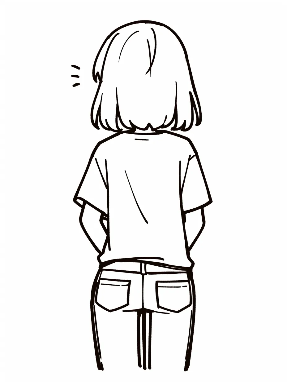 後ろ姿で静かに立つボブヘアの少女｜シンプルな線で描かれたナチュラルな雰囲気のイラスト。ボブヘアの柔らかいシルエットと、カジュアルなデニムスタイルがリラックスした印象を与えている。控えめなポーズながらも、どこか落ち着きのある空気感が漂い、穏やかな時間を感じさせる。