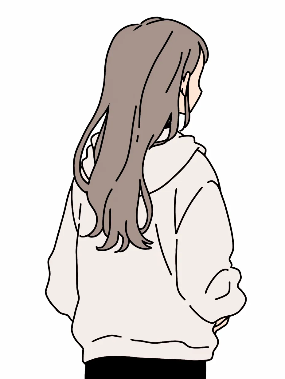 後ろ姿のロングヘアの女性｜ナチュラルな色合いと柔らかいタッチで描かれたイラスト。長くなびく髪が動きの余韻を残し、温かみのある線がやさしい印象を与えている。カジュアルなパーカーとの組み合わせが、親しみやすさとさりげないおしゃれさを同時に演出しているのが魅力的。