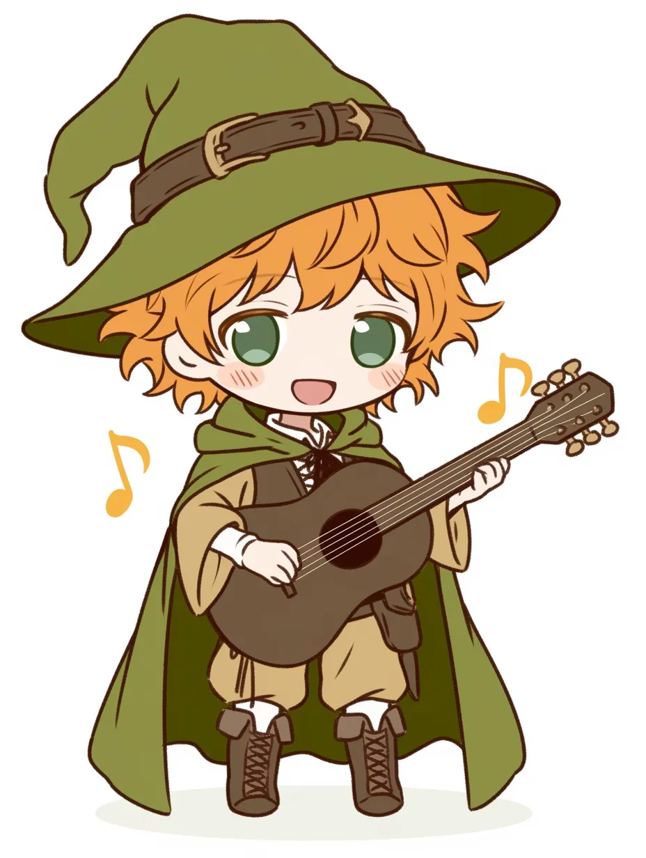 小さな吟遊詩人の音色｜緑のとんがり帽子とマントが特徴的なファンタジー風のキャラクター。可愛らしいチビキャラのデザインが、親しみやすく明るい雰囲気を演出している。