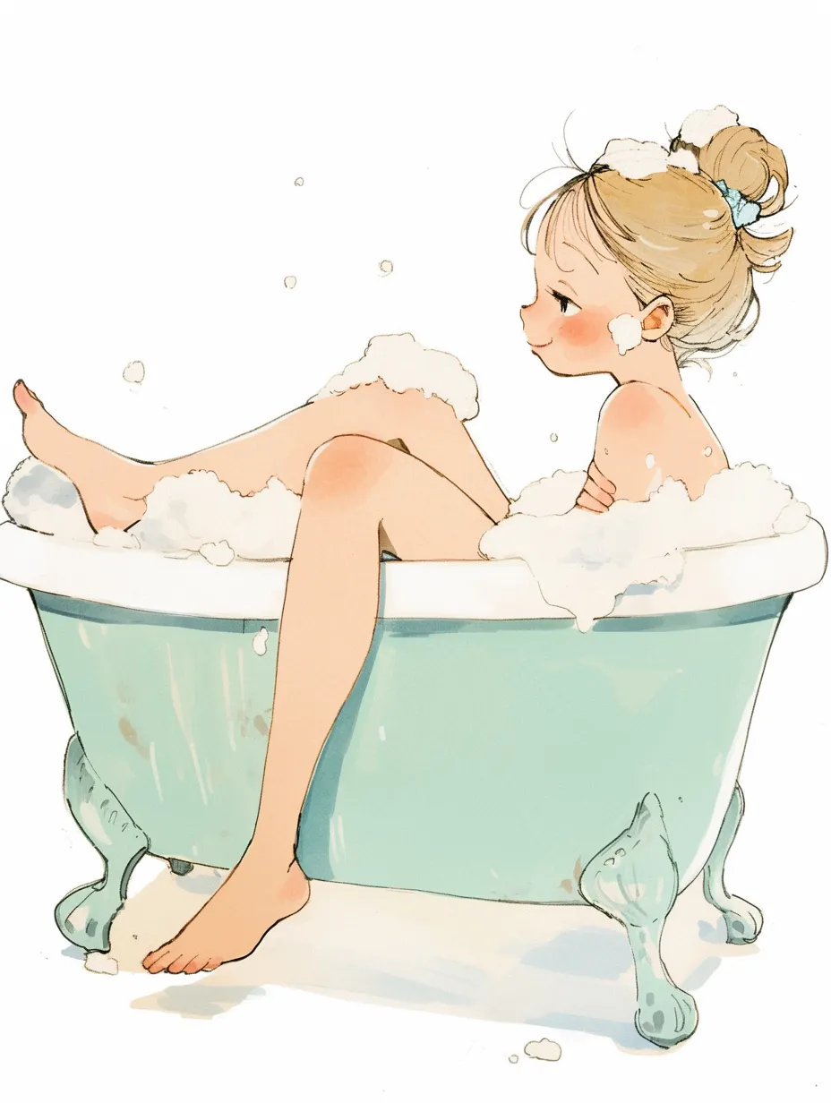 泡に包まれた金髪の少女の風呂｜淡い色彩と繊細なタッチで描かれたイラスト。クラシックなバスタブと少女の楽しげな表情が、ノスタルジックで優しい雰囲気を作り出している。泡の質感も丁寧に表現され、全体的に温かみを感じるデザイン。