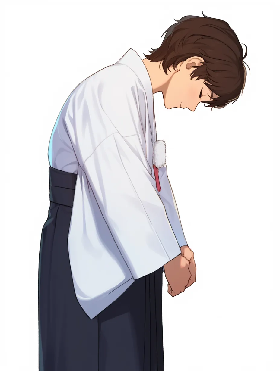 伝統装束のおじぎ｜白い上衣に紺色の袴を着用した男性が、厳かにおじぎをしている。柔らかい布の質感と流れるようなシルエットが特徴的で、格式ある和装の美しさが際立っている。胸元には房飾りがあしらわれ、伝統的な装いに細やかなアクセントを加えている。