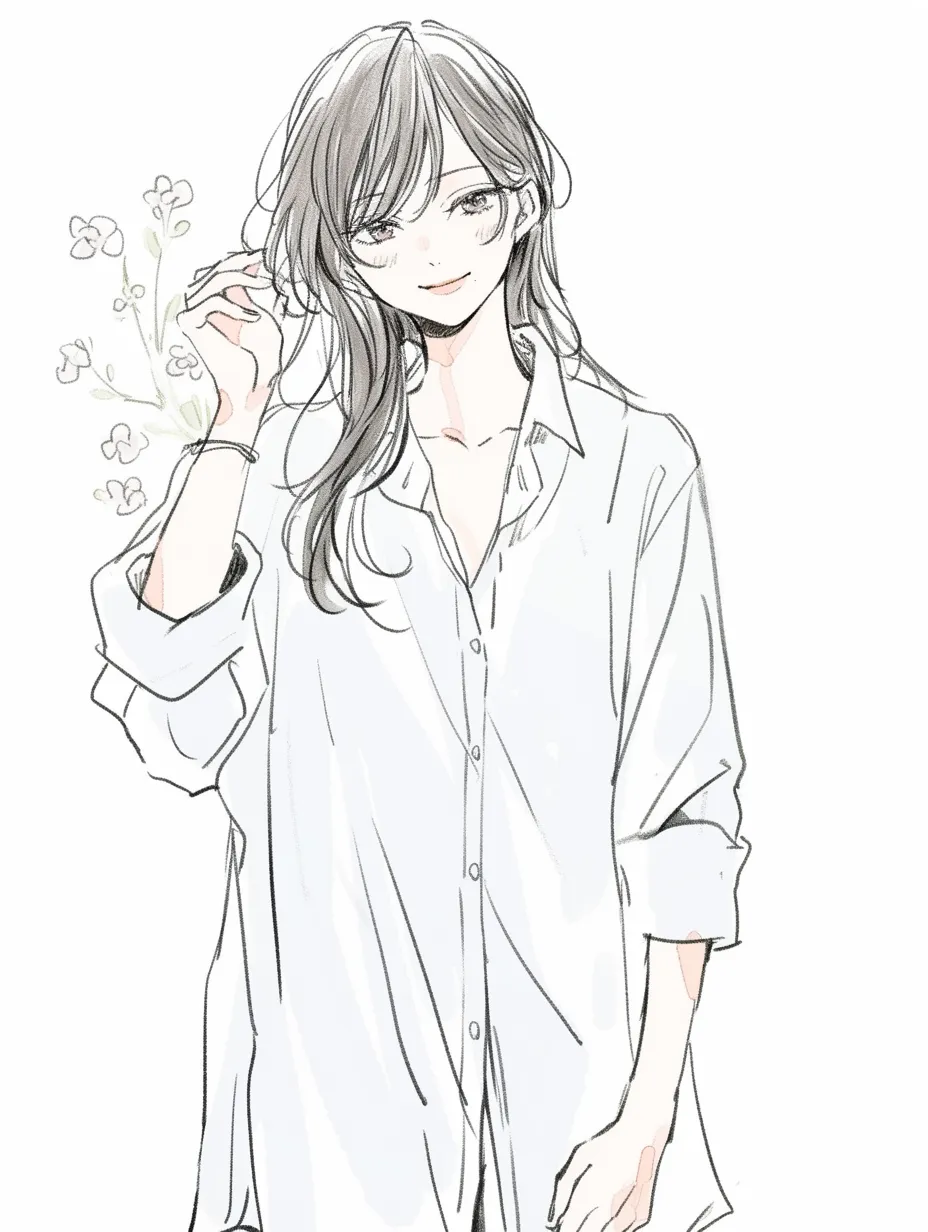 彼シャツとナチュラルな可愛さ｜手描き風の繊細な線と淡い色合いが、やわらかく優しい印象を作り出している。彼シャツのゆるっとした着こなしが、ナチュラルな魅力を引き出し、リラックス感のある雰囲気を演出。表情の穏やかさや小花のモチーフが、上品で可憐なスタイルを際立たせている。