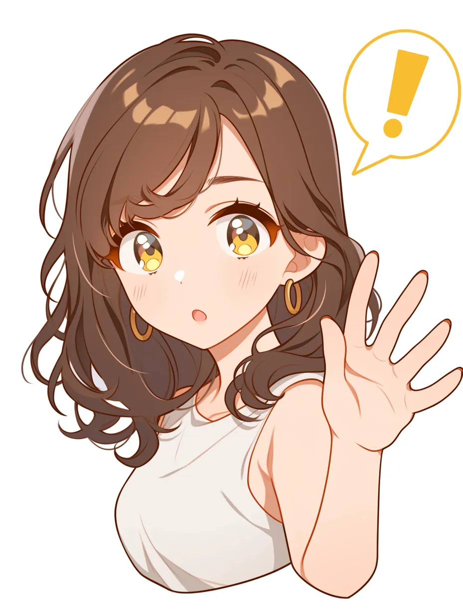 注意アニメ風・女の子のハンドジェスチャー｜アニメ風の女の子が手のひらを前に出して注意を促す構図。吹き出し内の感嘆符が状況を補足し、柔らかく親しみやすい形で「注意」を伝える工夫がなされている。