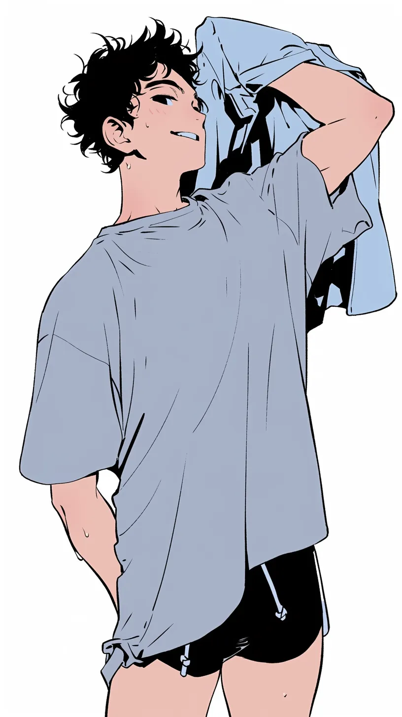 爽やかな青年の着替え｜シンプルな線画と淡い色彩が特徴のイラスト。カジュアルなTシャツとショートパンツの組み合わせが、軽快で爽やかな印象を与える。着替えの動作が自然に描かれており、動きのあるシーンとして魅力的に表現されている。
