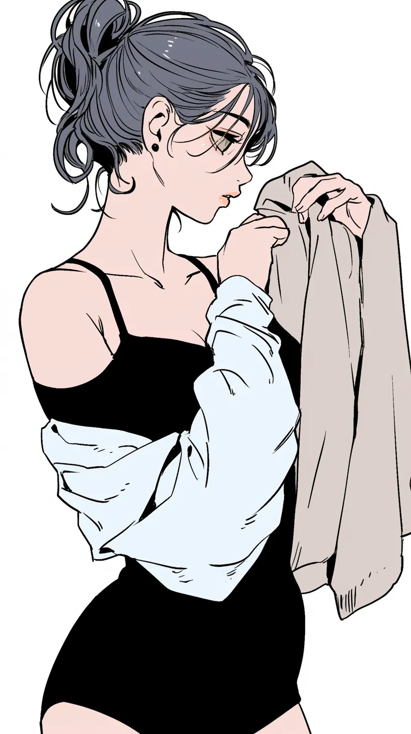 リラックスした女性の着替え｜緩やかな曲線と柔らかな表情が印象的なイラスト。肩を露出したラフな服装が、リラックスした空気感を醸し出している。着替えの途中でふと考え事をしているような仕草がリアルさを感じさせる。