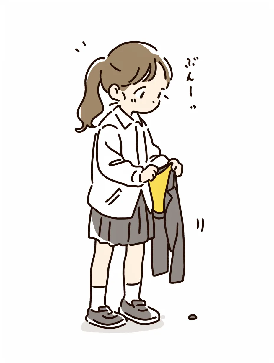 制服に着替える少女｜優しい色使いと繊細な線が特徴のイラスト。制服に着替える途中のシーンが描かれ、学校生活の一コマを切り取ったような雰囲気を感じさせる。着替えの動作が軽やかで自然。