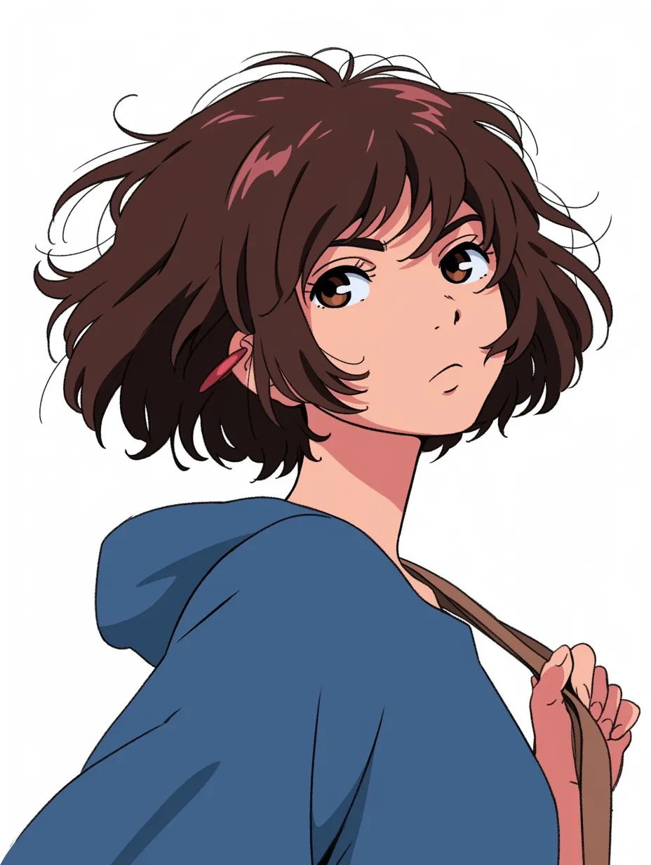 ボブカットキャラクターのレトロ風ヒロイン｜はっきりとした線とアニメ的な塗りが際立つボブカットキャラクター。赤みのある茶髪と青いパーカーの対比が印象的で、どこか懐かしさを感じさせるレトロなヒロイン風のデザインです。