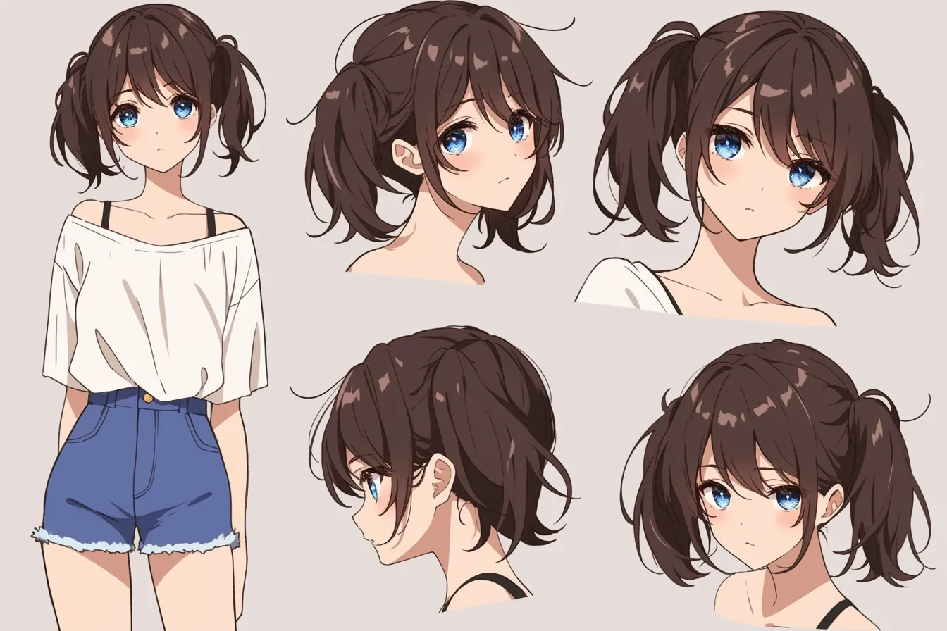 ツインテールキャラクターの爽やか系女子｜ラフな白トップスとデニムショーツが似合う、自然体のツインテールキャラクター。軽やかな動きのある髪型と柔らかい色調が、親しみやすい爽やかさを際立たせています。