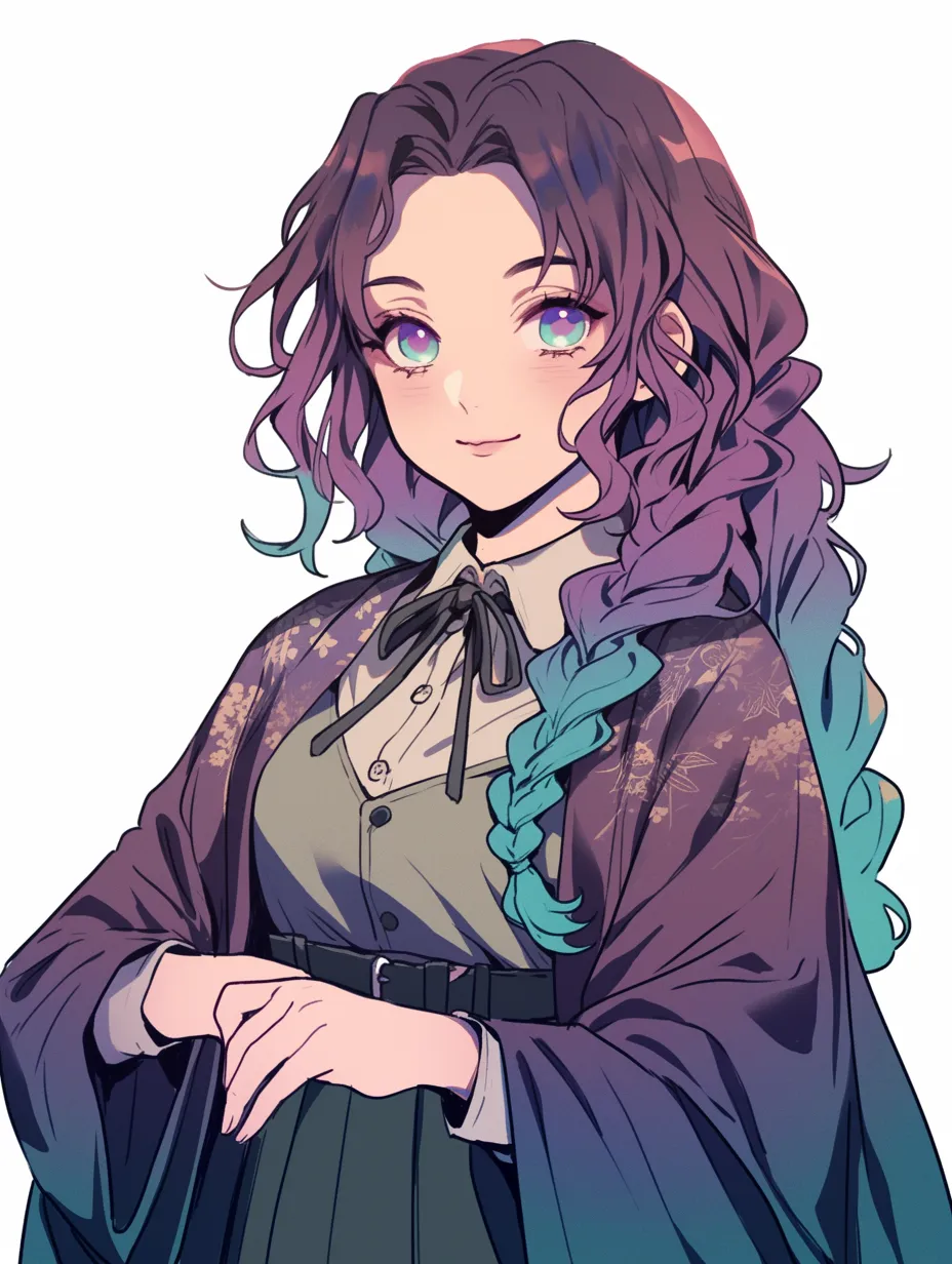 編み込みキャラクターのグラデ髪スタイル｜紫から青緑へのグラデーションヘアが印象的な、和洋折衷の衣装に身を包んだ編み込みキャラクター。落ち着いた微笑みと洗練された色彩構成が調和した幻想的な雰囲気。