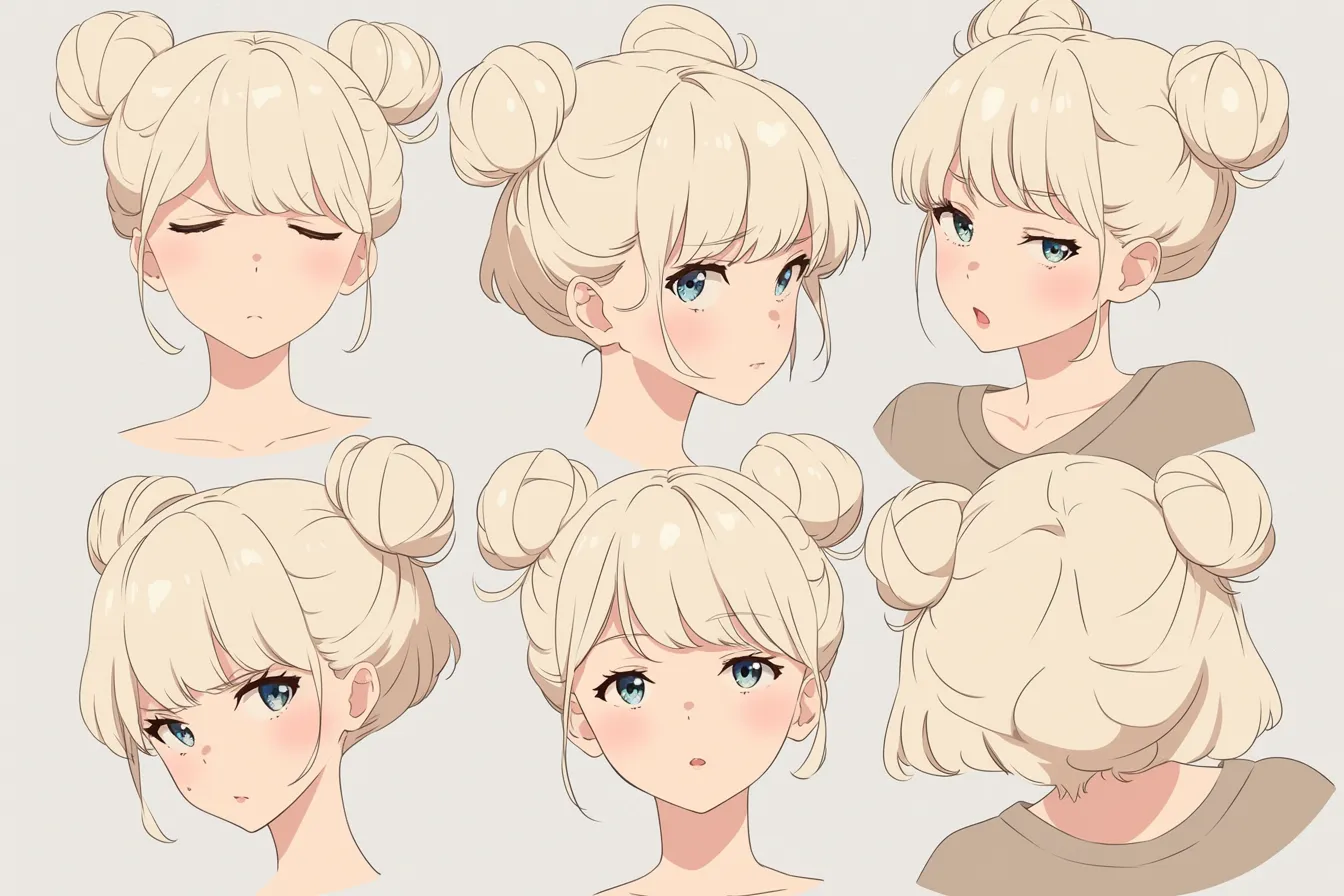 お団子ヘアキャラクターの多角度デザイン｜柔らかくミルク色の髪色でまとめられた清楚系お団子ヘアキャラクター。複数アングルによる感情表現が豊かで、日常的な可愛さが際立つ仕上がり。