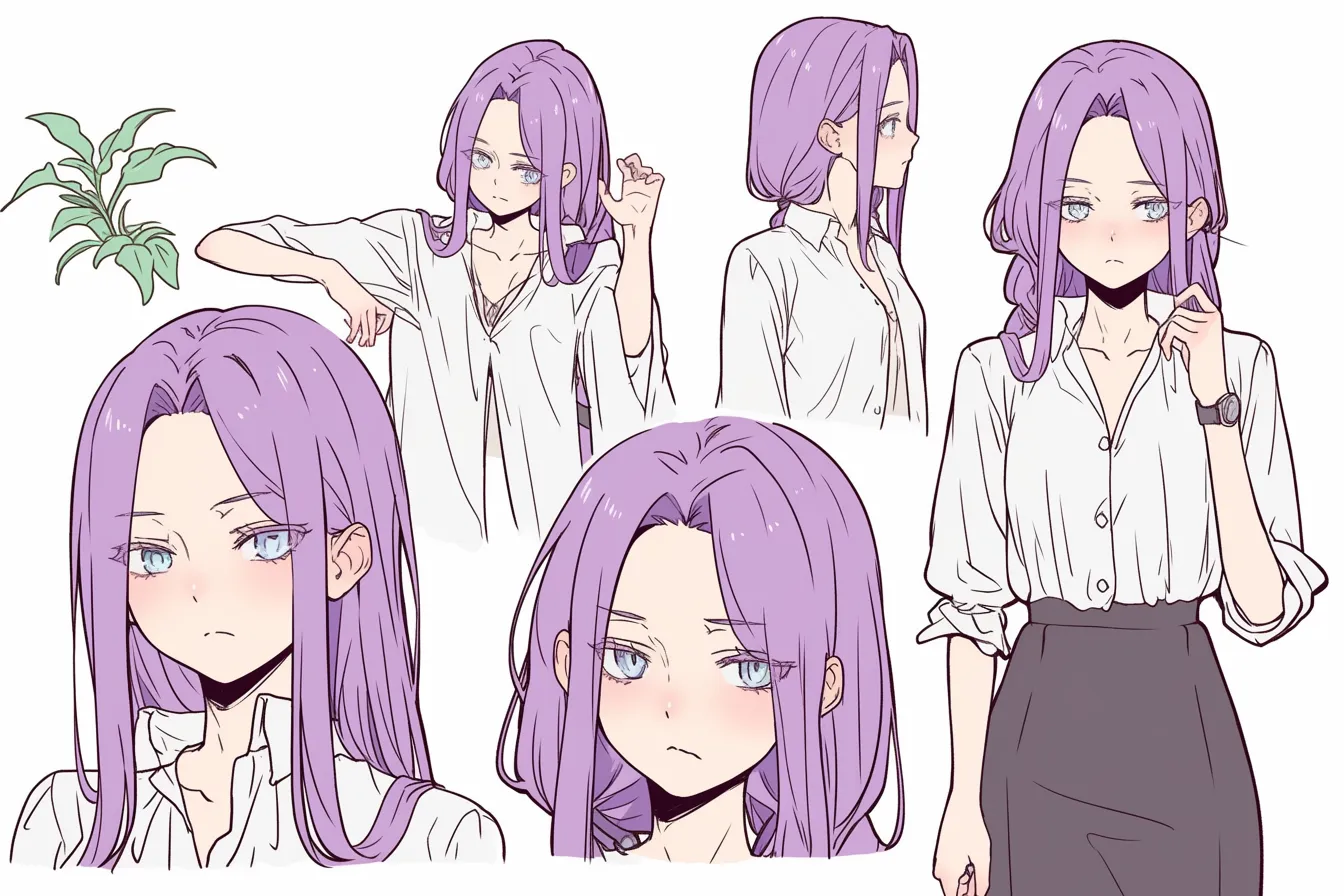 女性アニメキャラクターの紫髪の女性｜紫色の長髪を持つ彼女は、クールで落ち着いた雰囲気を持ちながらも、少し無愛想な表情が魅力的です。白いシャツとスカートがシンプルでありながら彼女のスタイルを引き立て、女性アニメキャラクターとしての洗練された美しさを感じさせます。