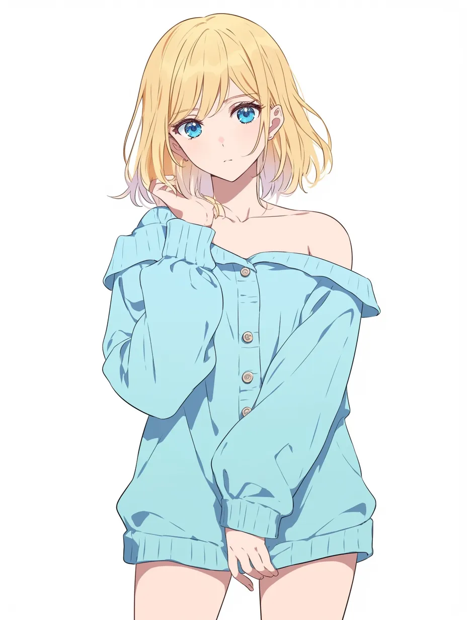ギャルキャラクターのルームカジュアル｜淡いブルーのルームウェアとナチュラルな表情が印象的なギャルキャラクター。抜け感のある肩出しと柔らかな線が穏やかな時間を感じさせる。