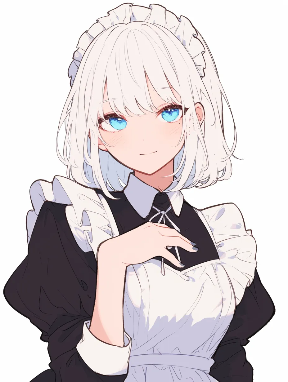 メイドキャラクターの清楚な笑顔｜明るい塗りと大きな瞳が印象的なメイドキャラクター。素直な微笑みとふんわりとした塗りがやさしく、見る人を安心させる雰囲気に満ちている。