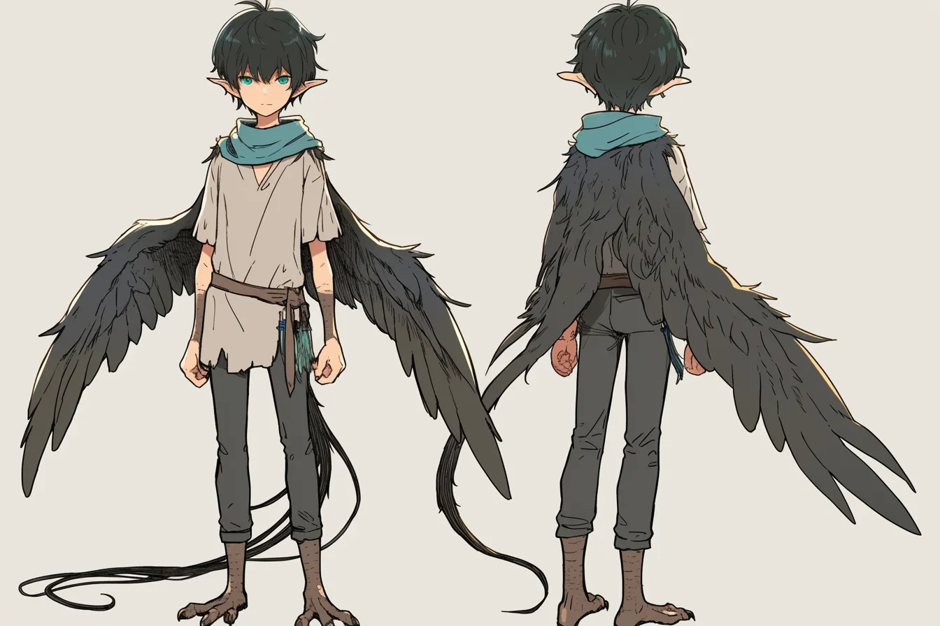 黒翼の少年悪役キャラクター｜鋭い眼差しと黒い翼をもつ悪役キャラクター。素朴な服装ながらも、異質な存在感を放ち、影から現れる静かな脅威としてファンタジー世界に不穏な空気をもたらす。